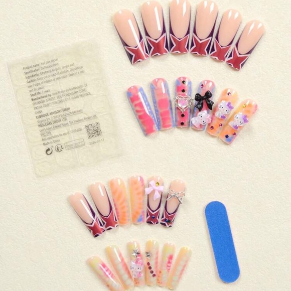 24PCS Long Coffin Nail Patch Multi-Color Rendering Cute Stereo Nails 3D Bow Star - Picture 2 of 4